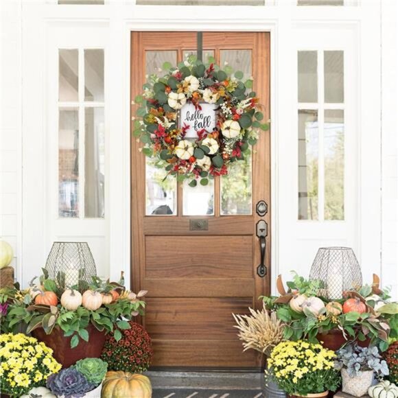 18 Inch‎ Fall Wreath - Autumn Pumpkin & Eucalyptus Wreath for Door, Mantel, Wall - Picture 2 of 7
